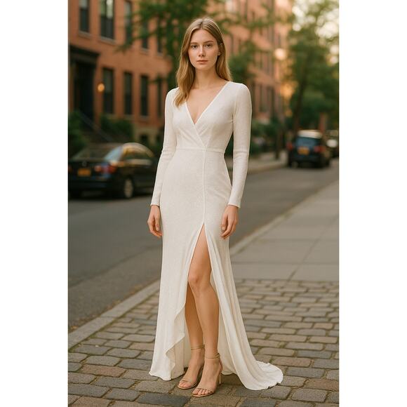 MAC DUGGAL Dress Size 6 Evening Gown Sequin Long Sleeve NEW White V Neck - Picture 7 of 9